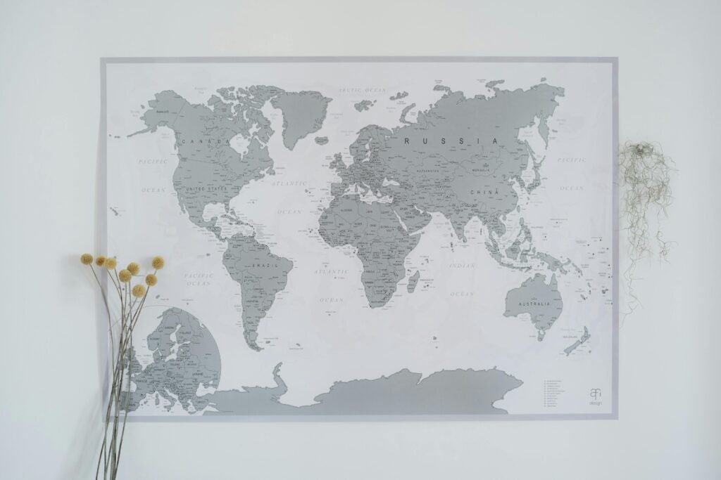 pexels-photo-7635156-7635156 A minimalist wall decor featuring a gray world map with dried craspedia flowers.